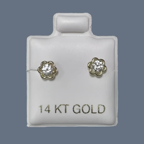 Small Flower Stud Earrings 14K Solid Yellow Gold With Safety Backing