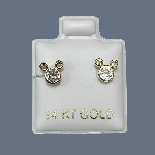 Mouse Stud Earrings 14K Solid Gold With Safety Backing