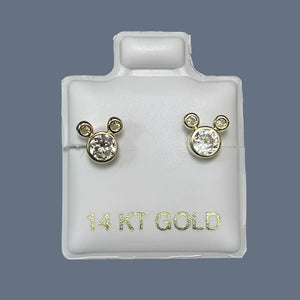 Mouse Stud Earrings 14K Solid Yellow Gold With Safety Backing