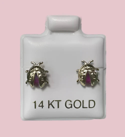 Ladybug Stud Earrings 14K Solid Yellow Gold With Safety Backing