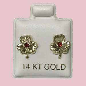 Flower Leaf Clover Stud Earrings 14K Solid Yellow Gold With Safety Backing