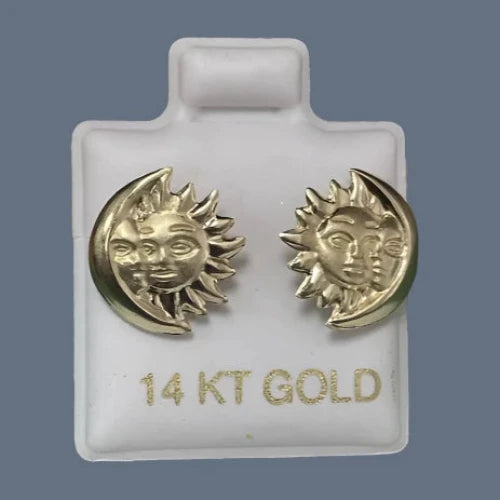 Sun And Moon Stud Earrings 14K Solid Gold With Safety Backing