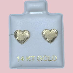 Heart Stud Earrings 14K Solid Yellow Gold With Safety Backing