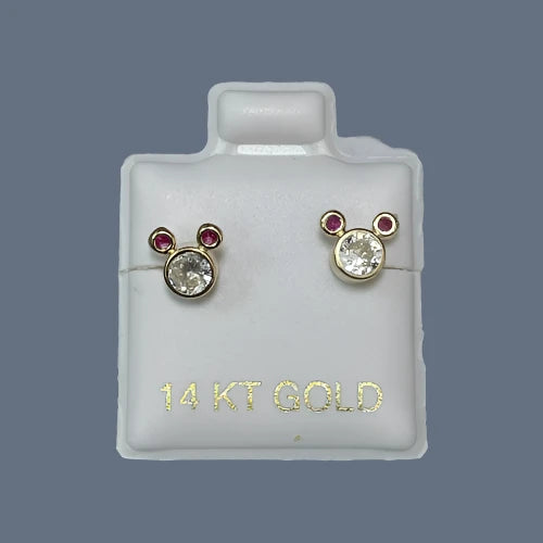 Mouse Stud Earrings 14K Solid Gold With Safety Backing