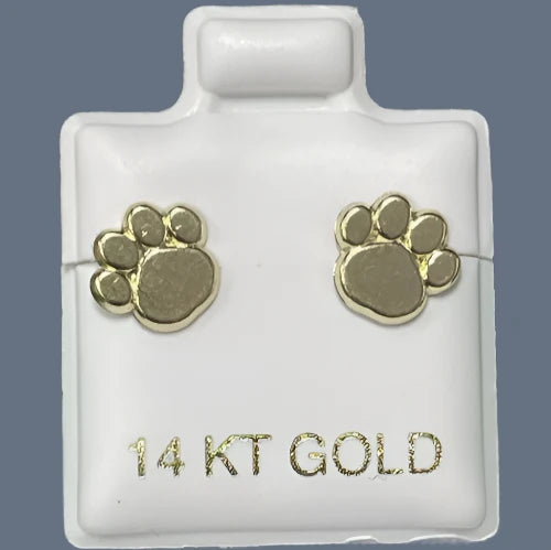 Dog Puppy Paw Print Stud Earrings 14K Solid Gold With Safety Backing