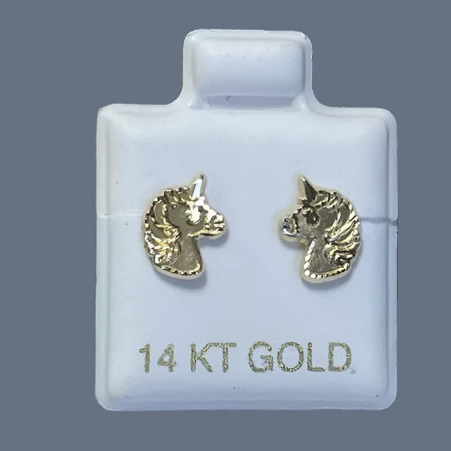 14k Solid Gold Unicorn Stud Earrings With Safety Backing