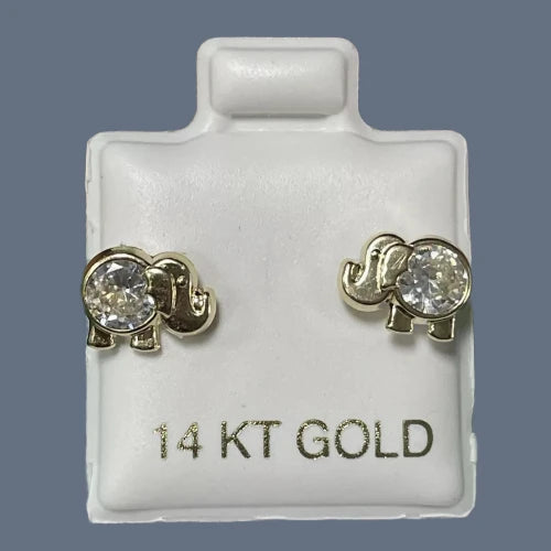 Elephant Stud Earrings 14K Pure Gold With Safety Backing