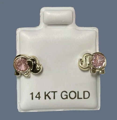 Elephant Pink Opal Stud Earrings 14K Pure Gold With Safety Backing