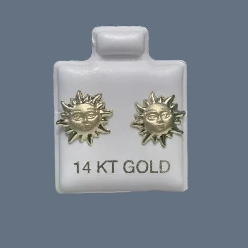 Sun Stud Earrings 14K Solid Gold With Safety Backing