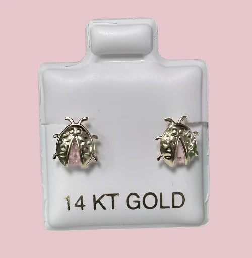 Ladybug Stud Earrings 14K Solid Yellow Gold With Safety Backing