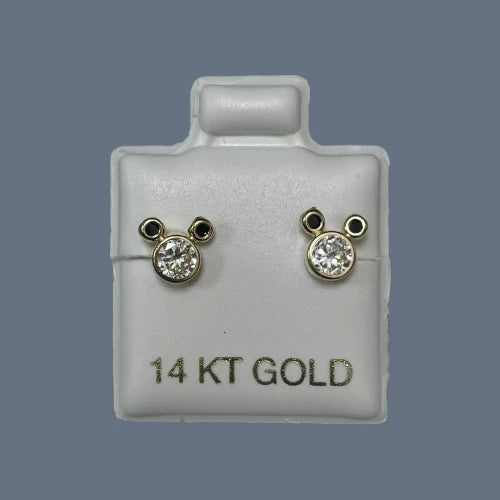 Mouse Stud Earrings 14K Solid Yellow Gold With Safety Backing