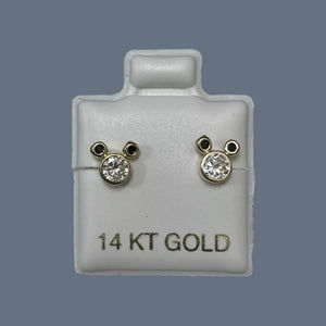 Mouse Stud Earrings 14K Solid Yellow Gold With Safety Backing