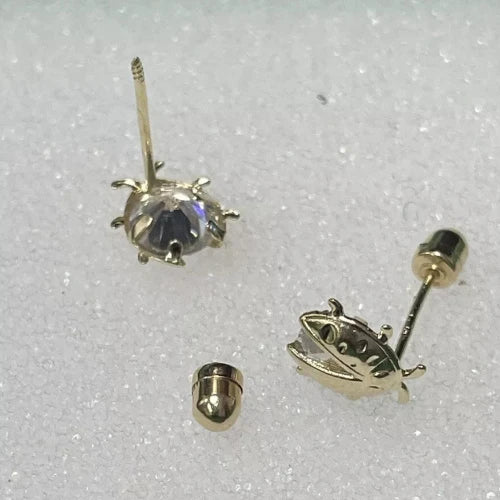 Ladybug Stud Earrings 14K Solid Yellow Gold With Safety Backing